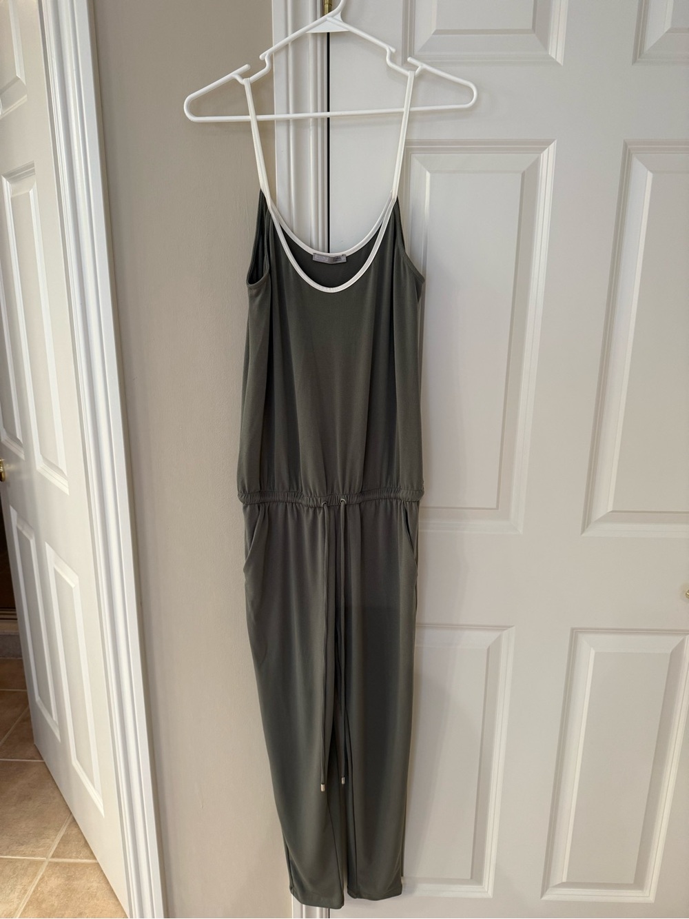 Zara Olive Green Sleeveless Jumpsuit with White Trim